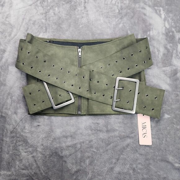 MICAS Women's Faux Leather Green Crossover Belt Mini Skirt Medium - Picture 2 of 9